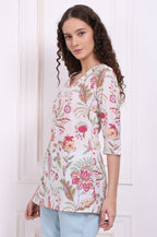W for Woman White Floral Printed Pure Cotton Top with Lace | Grocsy