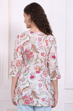 W for Woman White Floral Printed Pure Cotton Top with Lace | Grocsy