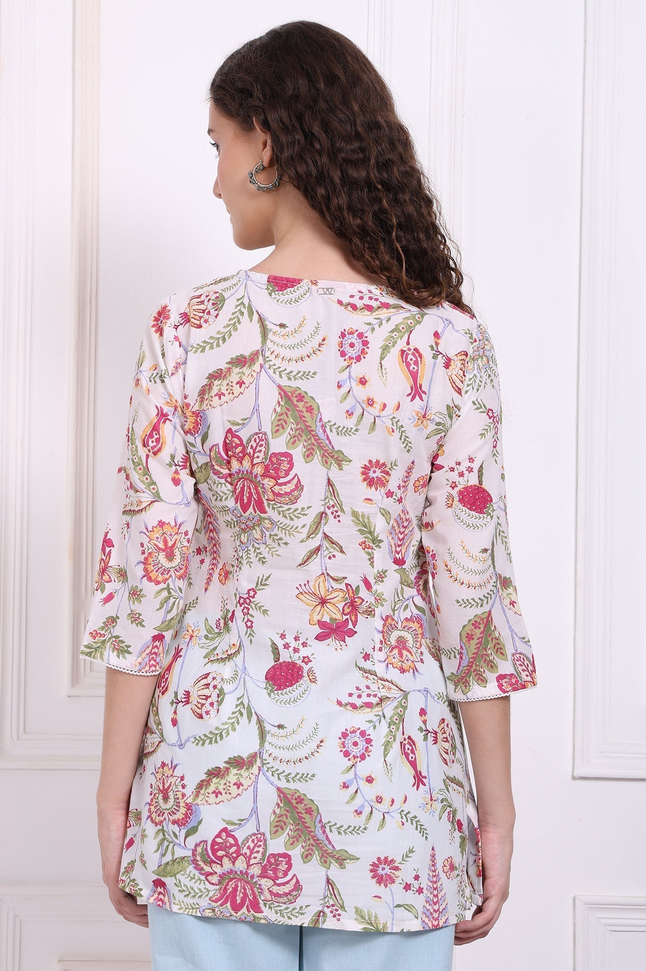 W for Woman White Floral Printed Pure Cotton Top with Lace | Grocsy