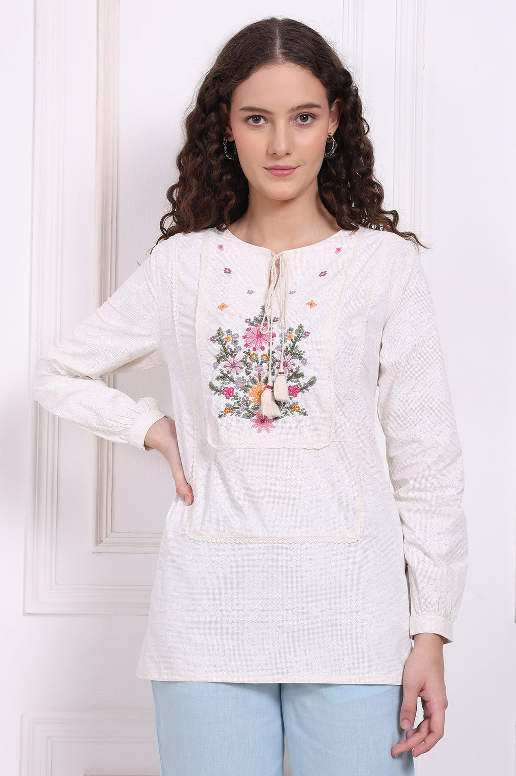 W for Woman White Embroidered Pure Cotton Top with Lace | Grocsy