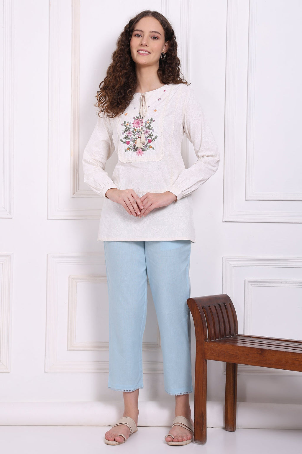 W for Woman White Embroidered Pure Cotton Top with Lace | Grocsy