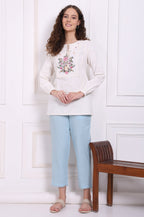 W for Woman White Embroidered Pure Cotton Top with Lace | Grocsy