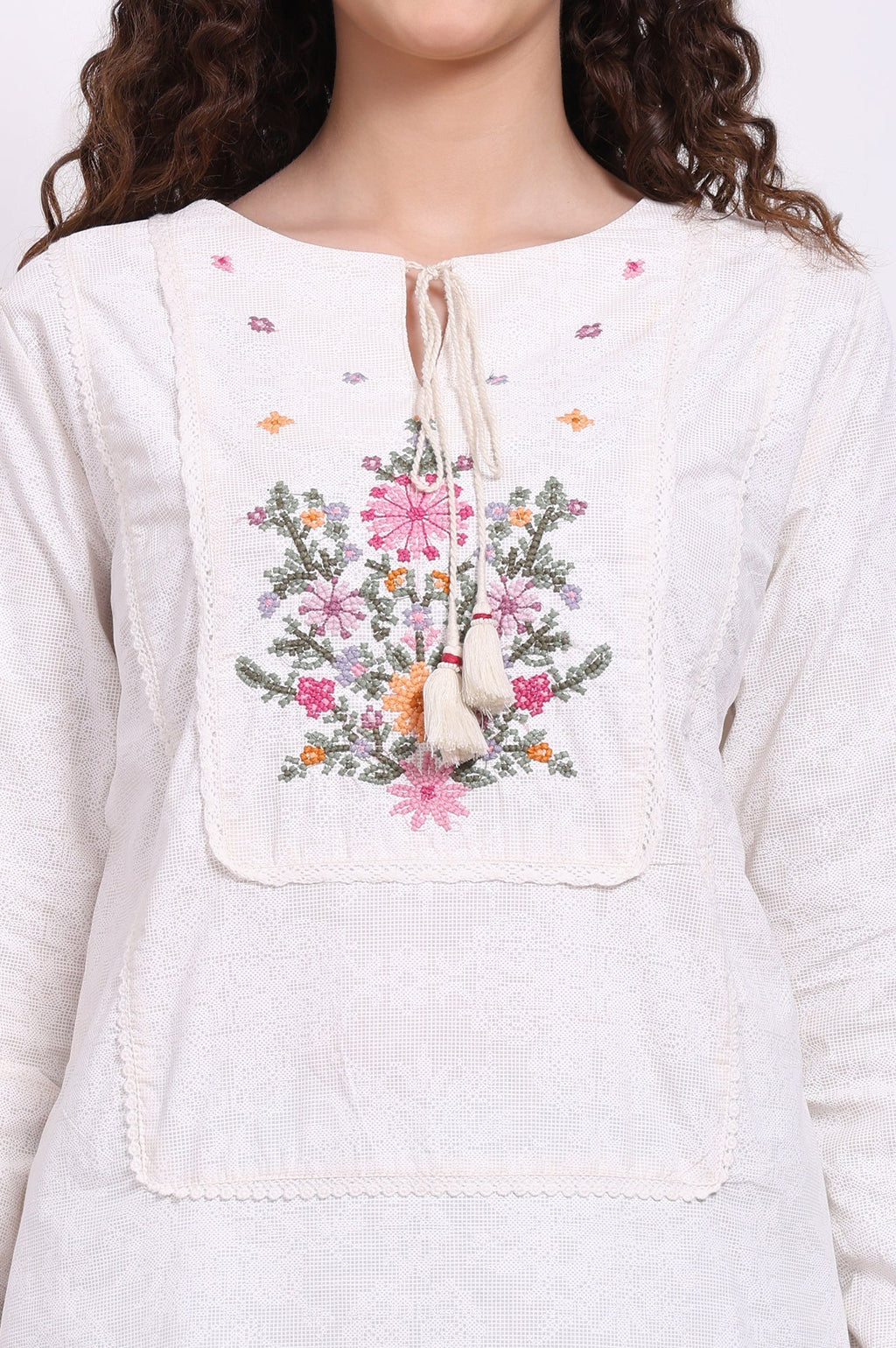 W for Woman White Embroidered Pure Cotton Top with Lace | Grocsy