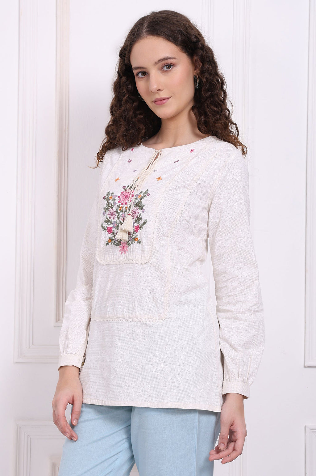 W for Woman White Embroidered Pure Cotton Top with Lace | Grocsy