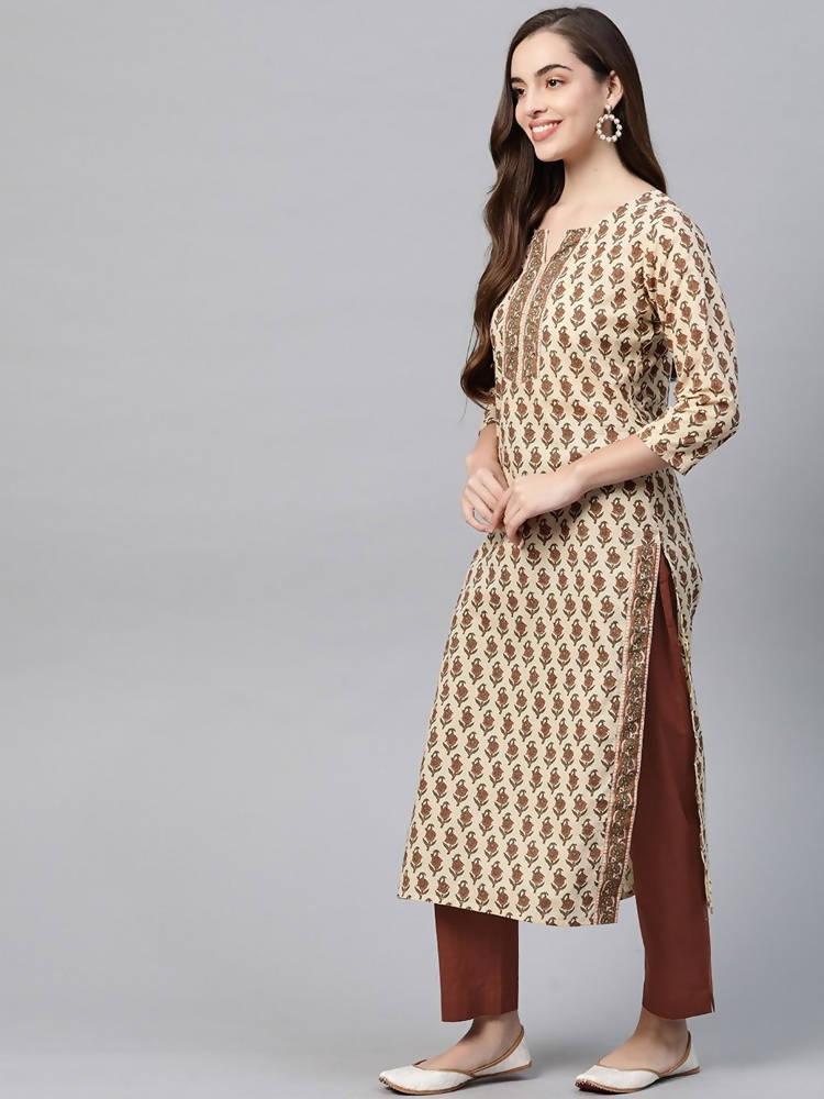 Yufta Women Beige Ethnic Motifs Printed Pure Cotton Kurta with Trouser & Dupatta | Grocsy