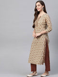 Yufta Women Beige Ethnic Motifs Printed Pure Cotton Kurta with Trouser & Dupatta | Grocsy
