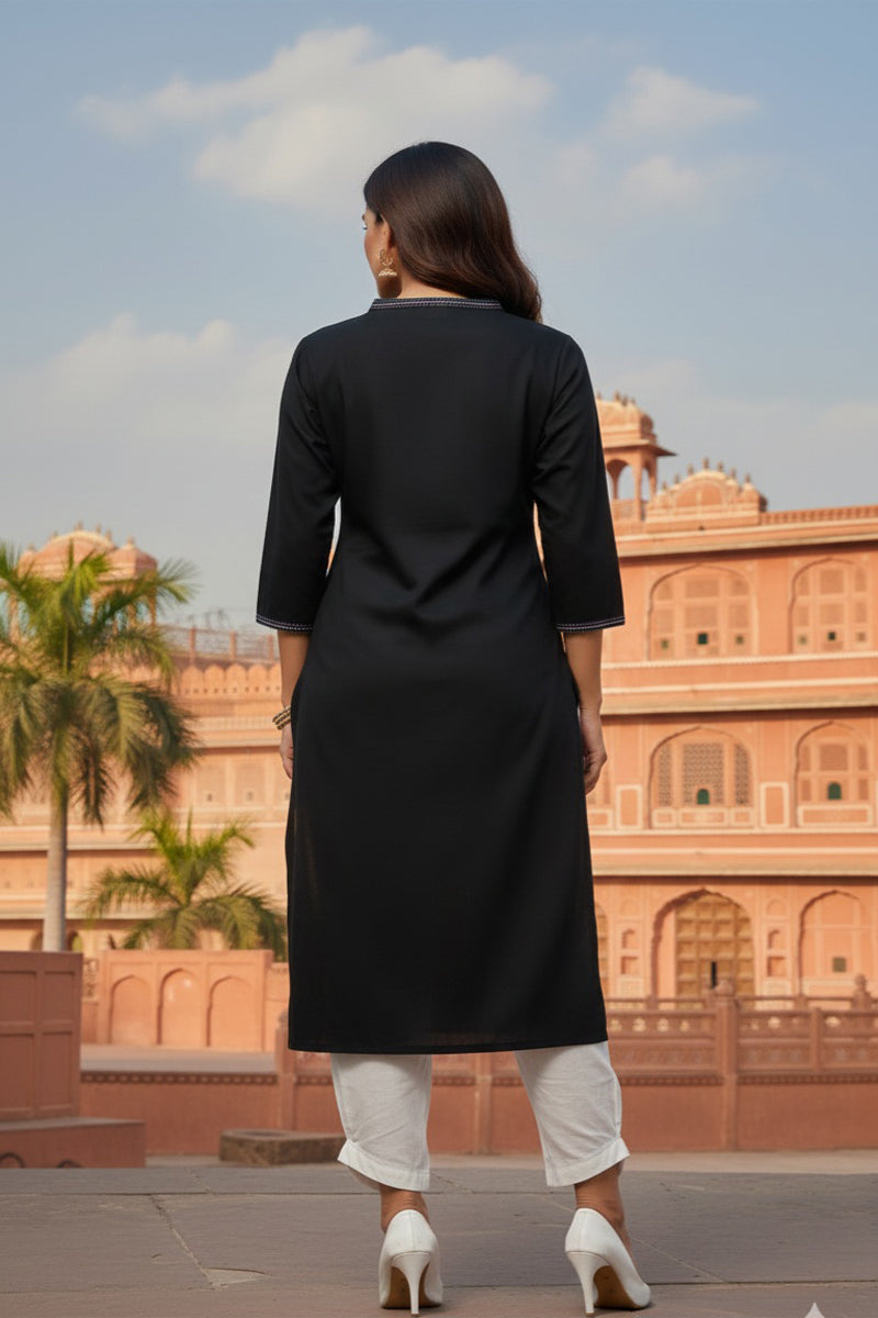 SRS Fashion Black Embroidered Rayon Straight Kurta Set | Grocsy