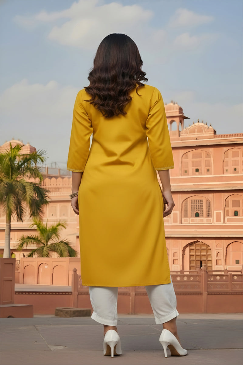 SRS Fashion Yellow Embroidered Rayon Straight Kurta Set | Grocsy