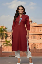 SRS Fashion Red Embroidered Rayon Straight Kurta Set | Grocsy