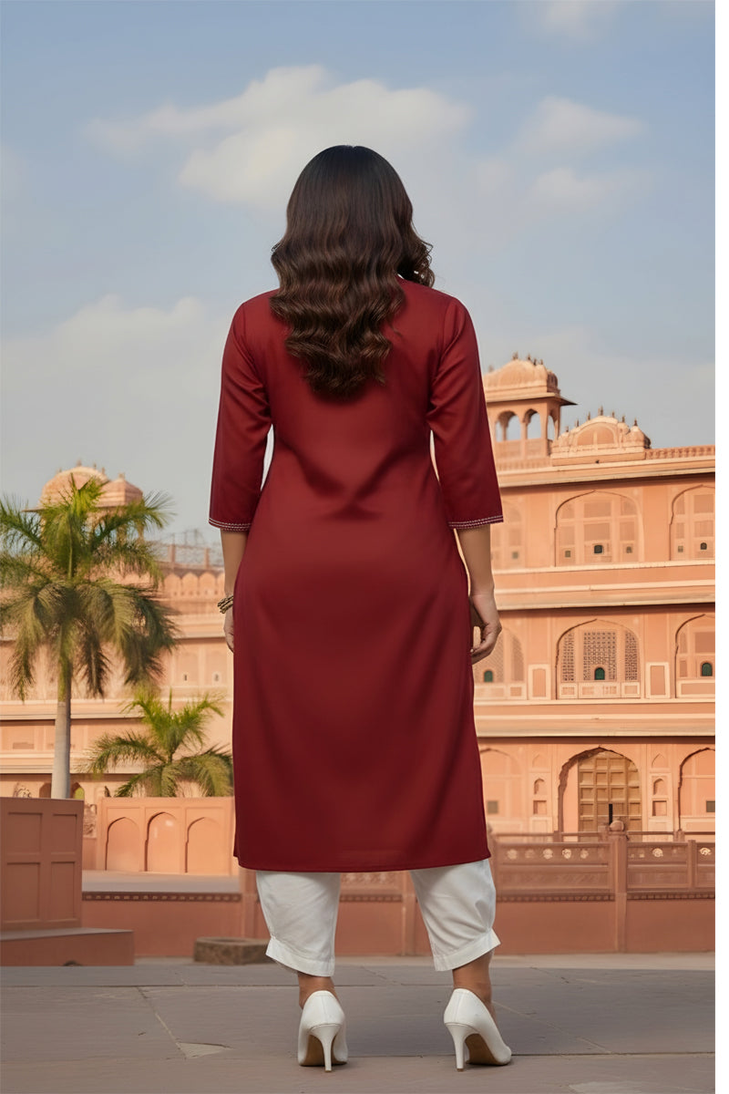SRS Fashion Red Embroidered Rayon Straight Kurta Set | Grocsy