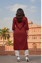 SRS Fashion Red Embroidered Rayon Straight Kurta Set | Grocsy