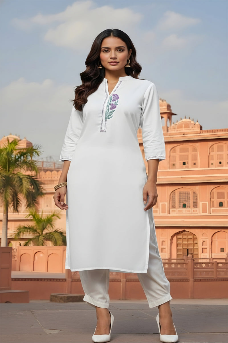 SRS Fashion White Embroidered Rayon Straight Kurta Set | Grocsy