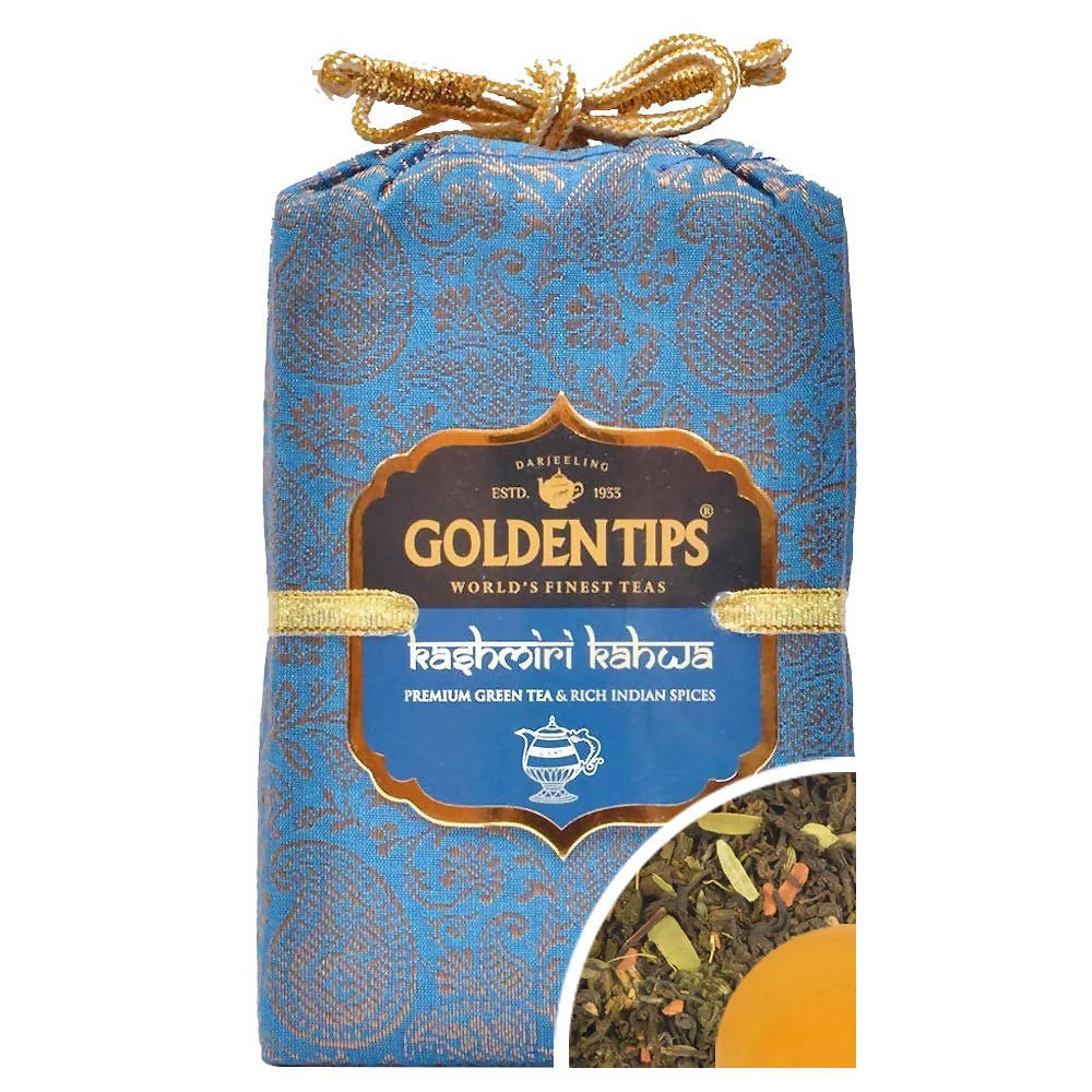 Golden Tips Kashmiri Kahwa Premium Green Tea - Royal Brocade Cloth Bag | Grocsy
