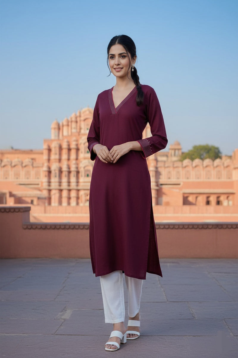 SRS Fashion Red Embroidered Rayon Straight Kurta Set | Grocsy