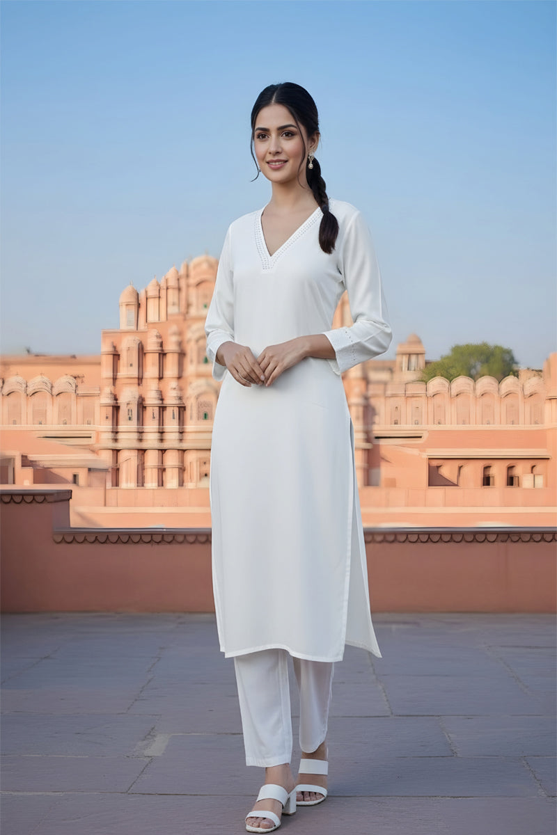 SRS Fashion White Embroidered Rayon Straight Kurta Set | Grocsy