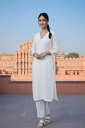 SRS Fashion White Embroidered Rayon Straight Kurta Set | Grocsy