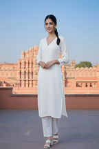 SRS Fashion White Embroidered Rayon Straight Kurta Set | Grocsy