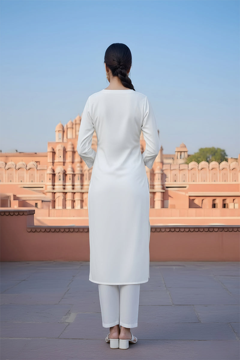 SRS Fashion White Embroidered Rayon Straight Kurta Set | Grocsy