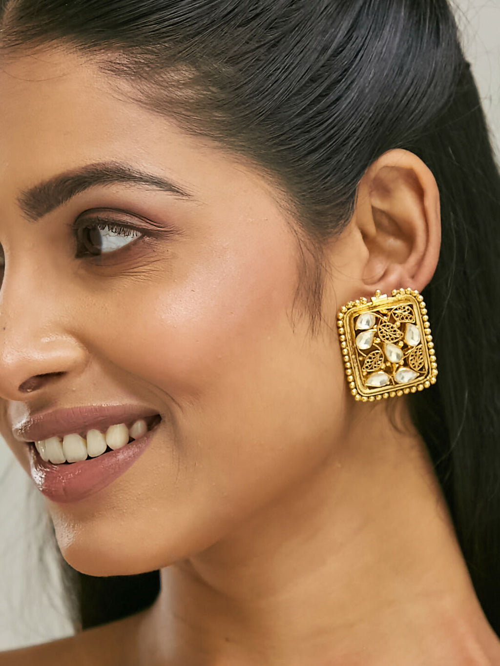 Nuyug 22K Gold-Plated Kundan & Filigree Concept Rectangular Leafy Studs | Grocsy