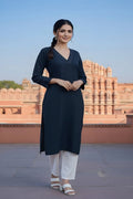 SRS Fashion Blue Embroidered Rayon Straight Kurta Set | Grocsy
