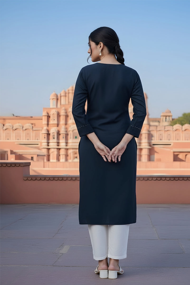 SRS Fashion Blue Embroidered Rayon Straight Kurta Set | Grocsy