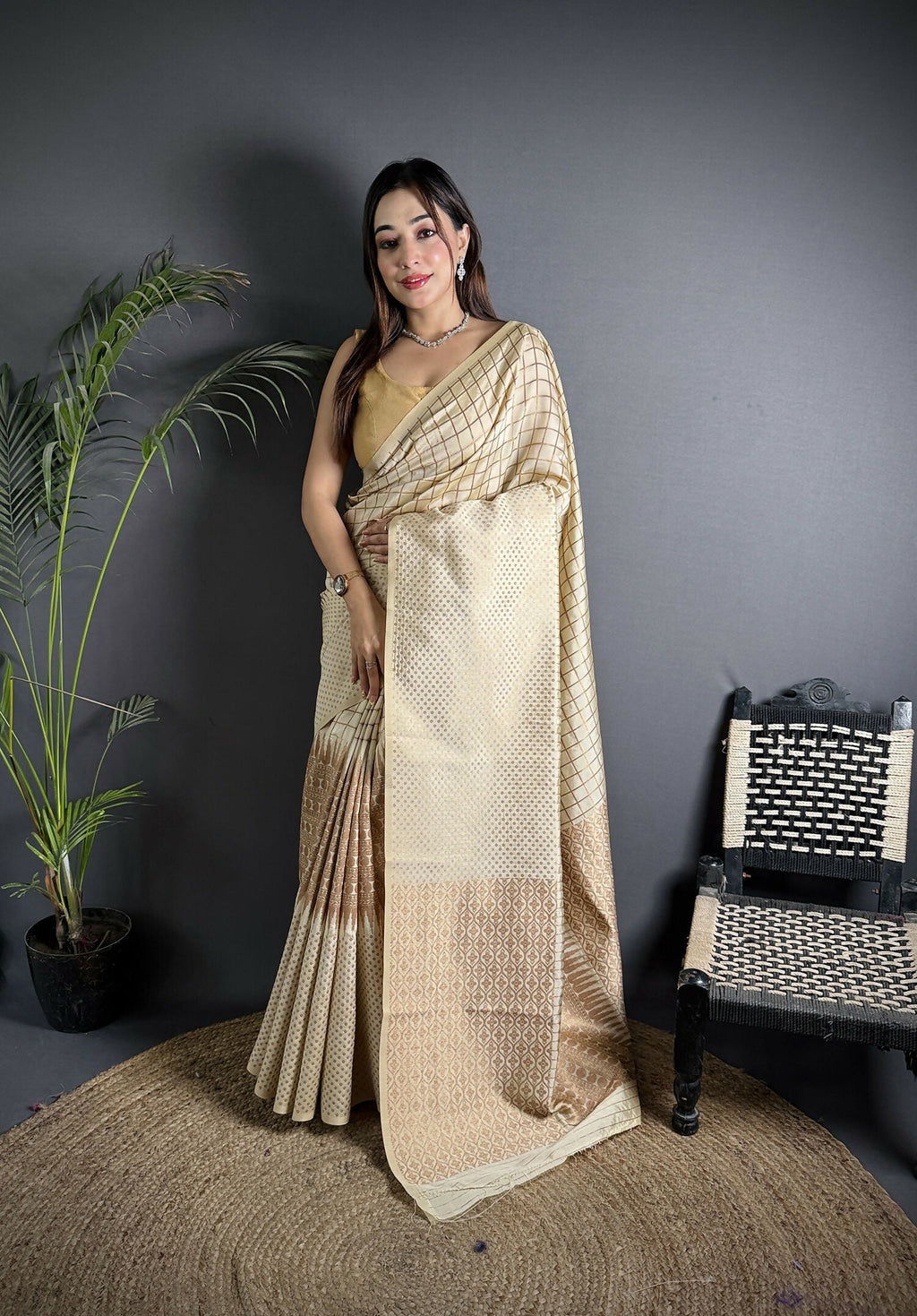 Joban Fashion Off White Banarasi Soft Lichi Silk Checks & Woven Saree | Grocsy