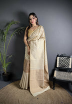 Joban Fashion Off White Banarasi Soft Lichi Silk Checks & Woven Saree | Grocsy