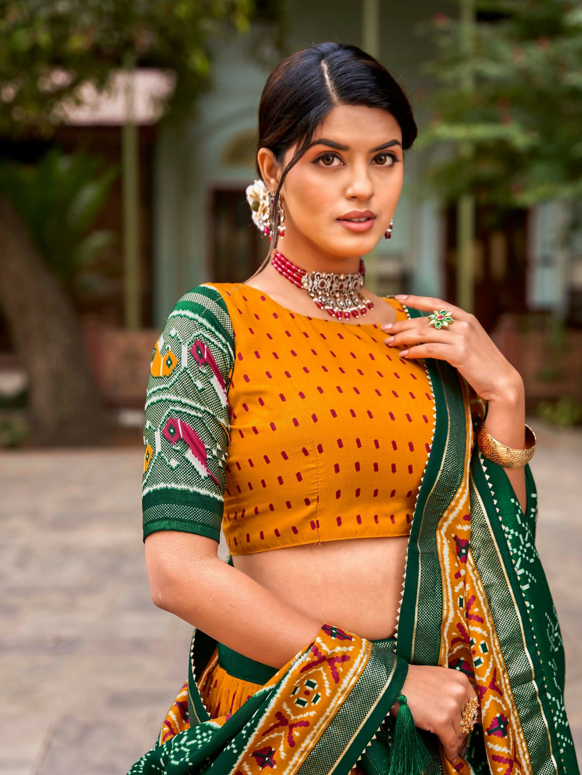 Vastranavya Patola Printed and Foil Work Tussar Silk Lehenga with Unstitched Blouse - Mustard | Grocsy