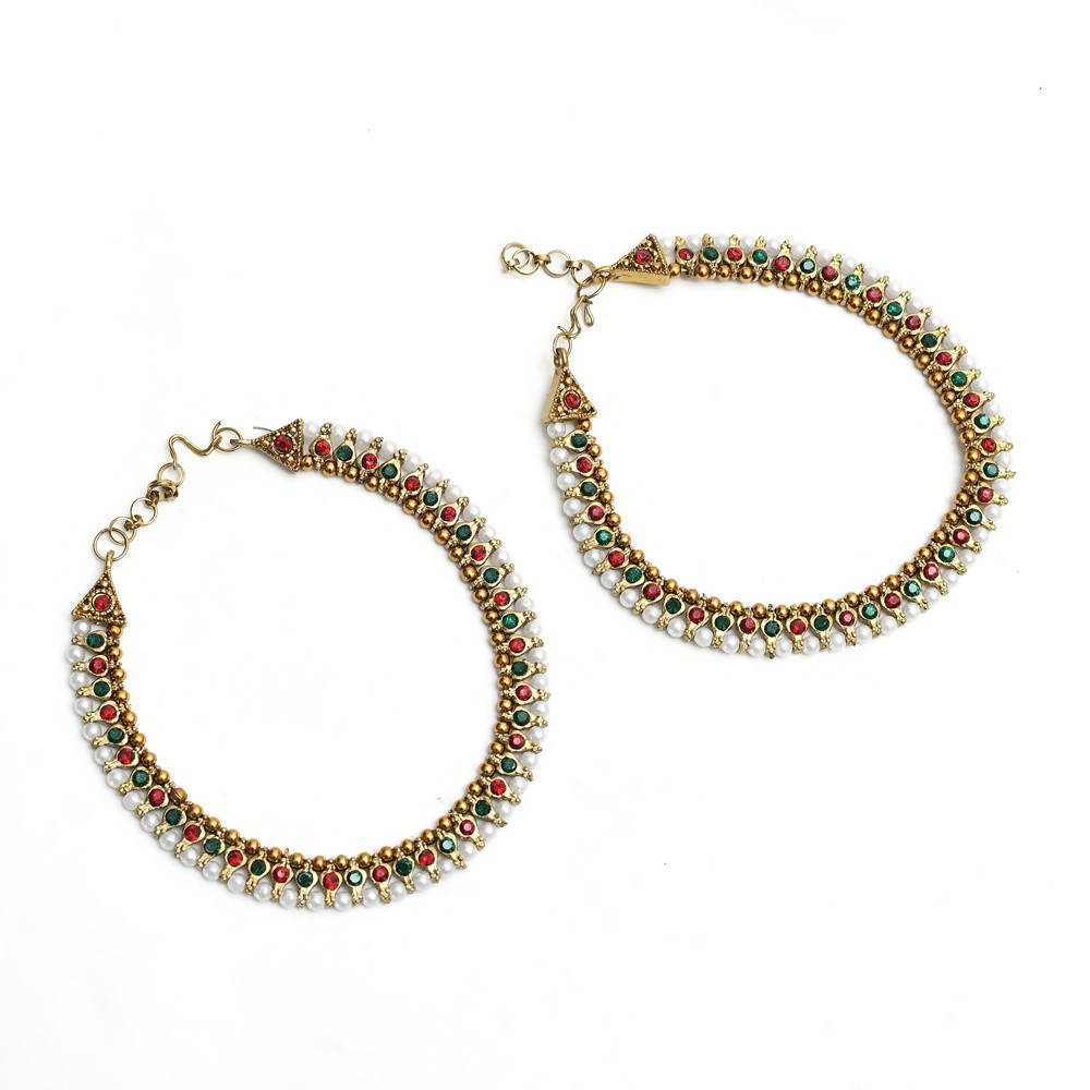 Mominos Fashion Kamal Johar Multi Kundan Anklets With Pearls | Grocsy
