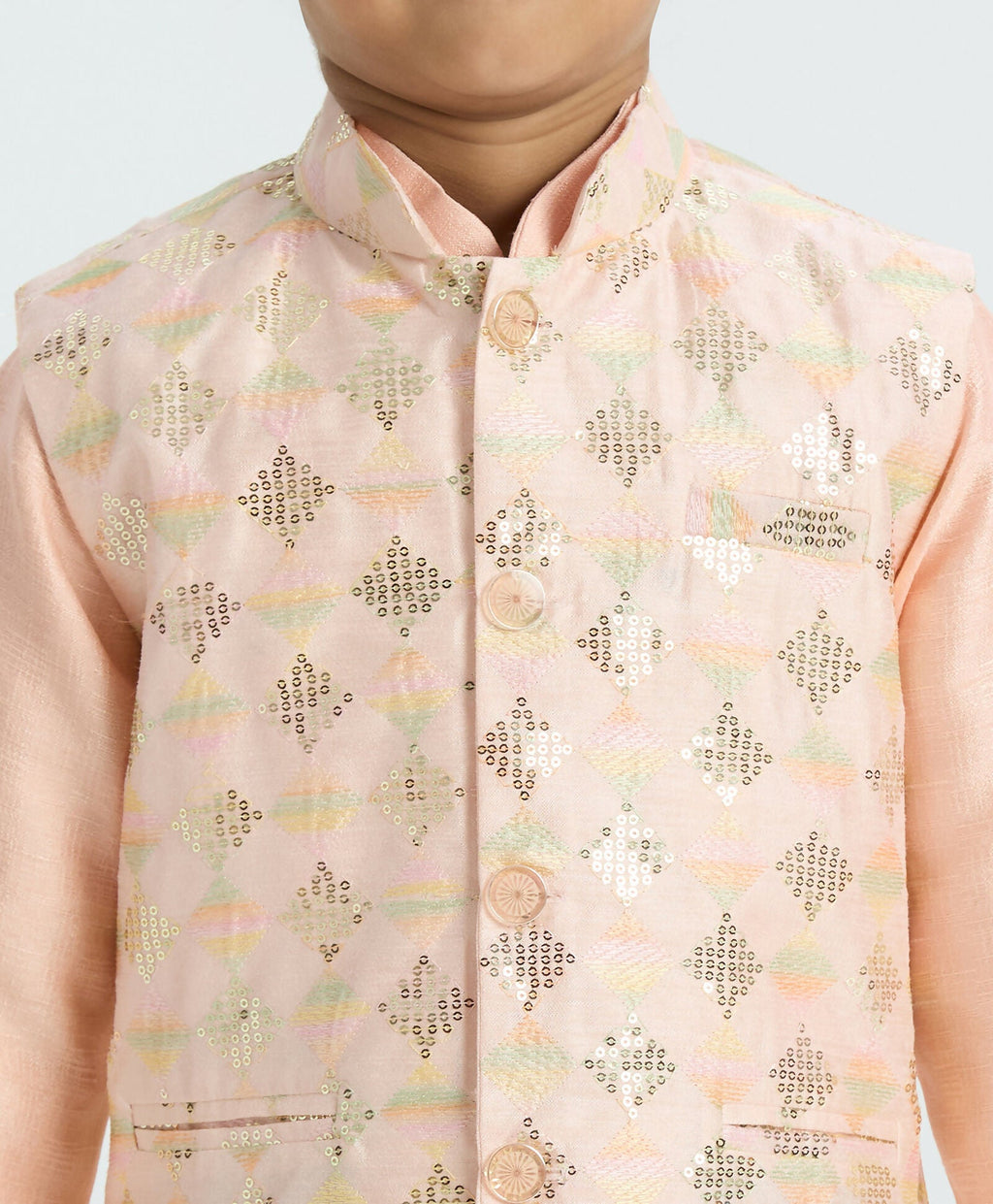 Joban Fashion Kids Island Traditional with a modern touch Nehru Jacket Full Sleeves Kurta, Pyjama Set - Peach | Grocsy