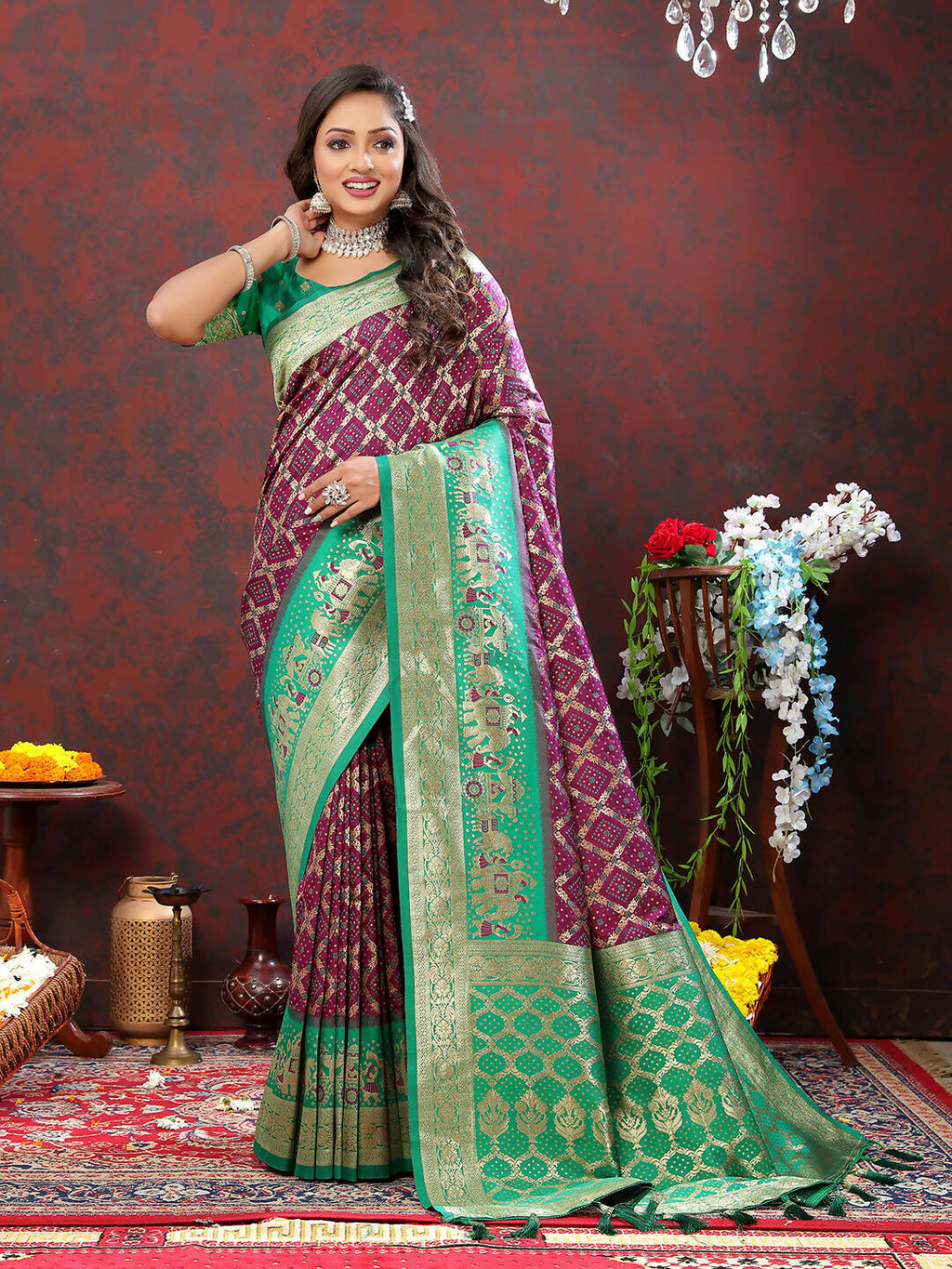 Lorenvalley Fashion Wine & Green Patola Silk Woven Design Meenakari Weaving Saree | Grocsy