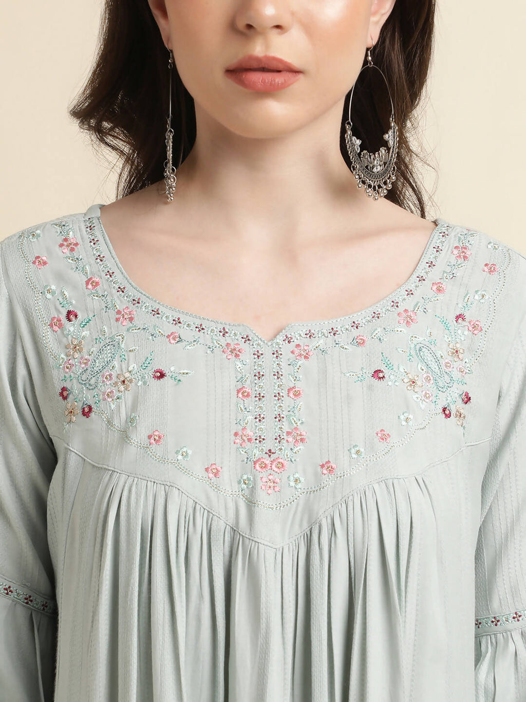 Light Blue Poly Cotton Yoke Embroidered A-line Top - Tarini | Grocsy