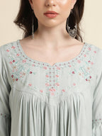 Light Blue Poly Cotton Yoke Embroidered A-line Top - Tarini | Grocsy