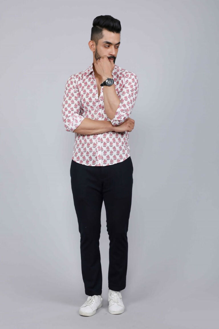 Miravan Men's White & Pink Spread Collar Floral Print Shirt | Grocsy