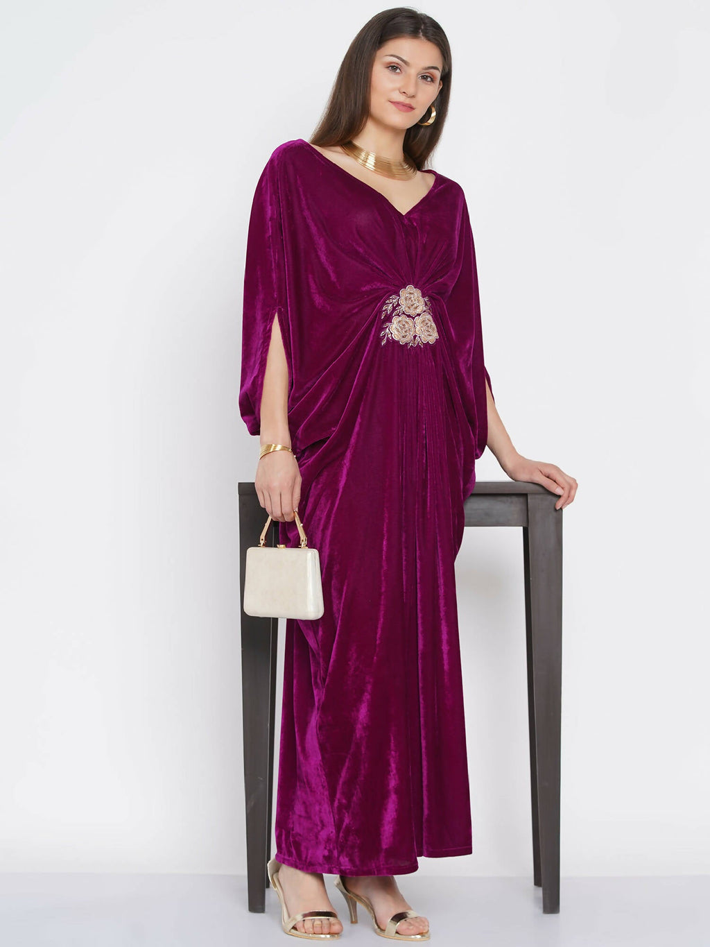 Women Republic Wine Velvet Embroiderd Gown | Grocsy