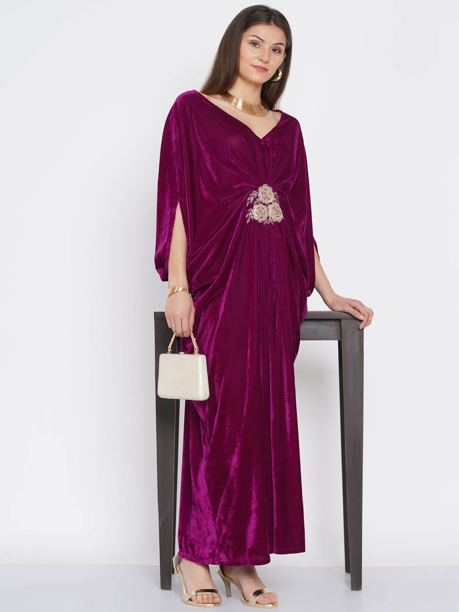 Women Republic Wine Velvet Embroiderd Gown | Grocsy