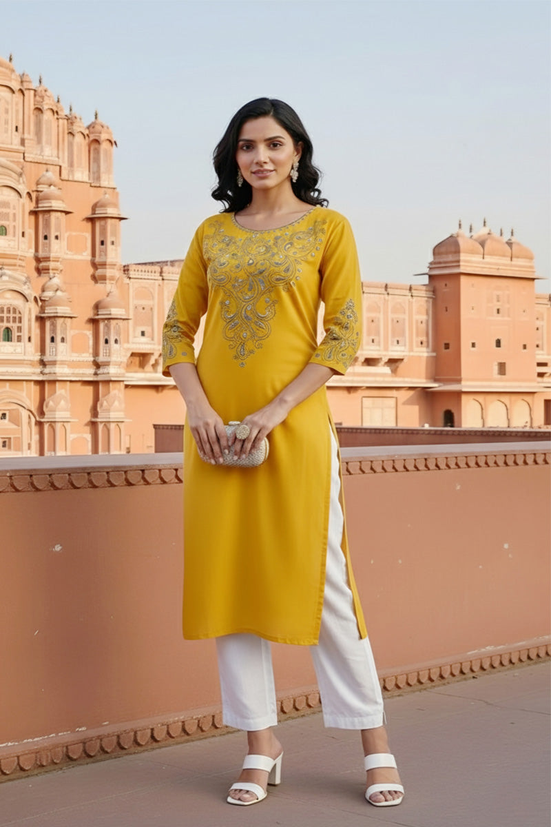 SRS Fashion Yellow Embroidered Rayon Straight Kurta Set | Grocsy
