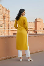 SRS Fashion Yellow Embroidered Rayon Straight Kurta Set | Grocsy