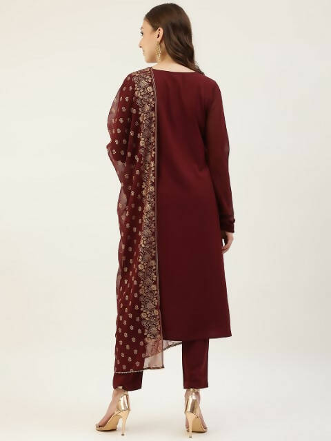 FIORRA Women's Maroon Poly Crepe Straight Kurta Pant With Dupatta | Grocsy