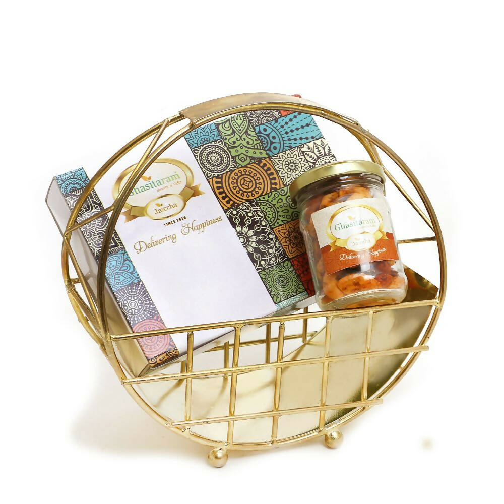 Ghasitaram Half Moon Metal Basket of Mix Dryfruits, Assorted Bites | Grocsy