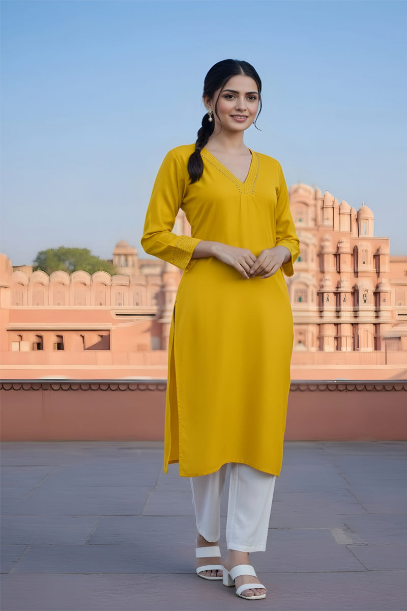 SRS Fashion Yellow Embroidered Rayon Straight Kurta Set | Grocsy