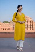 SRS Fashion Yellow Embroidered Rayon Straight Kurta Set | Grocsy