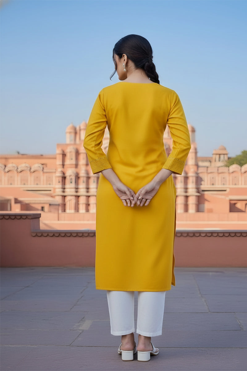 SRS Fashion Yellow Embroidered Rayon Straight Kurta Set | Grocsy