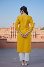 SRS Fashion Yellow Embroidered Rayon Straight Kurta Set | Grocsy