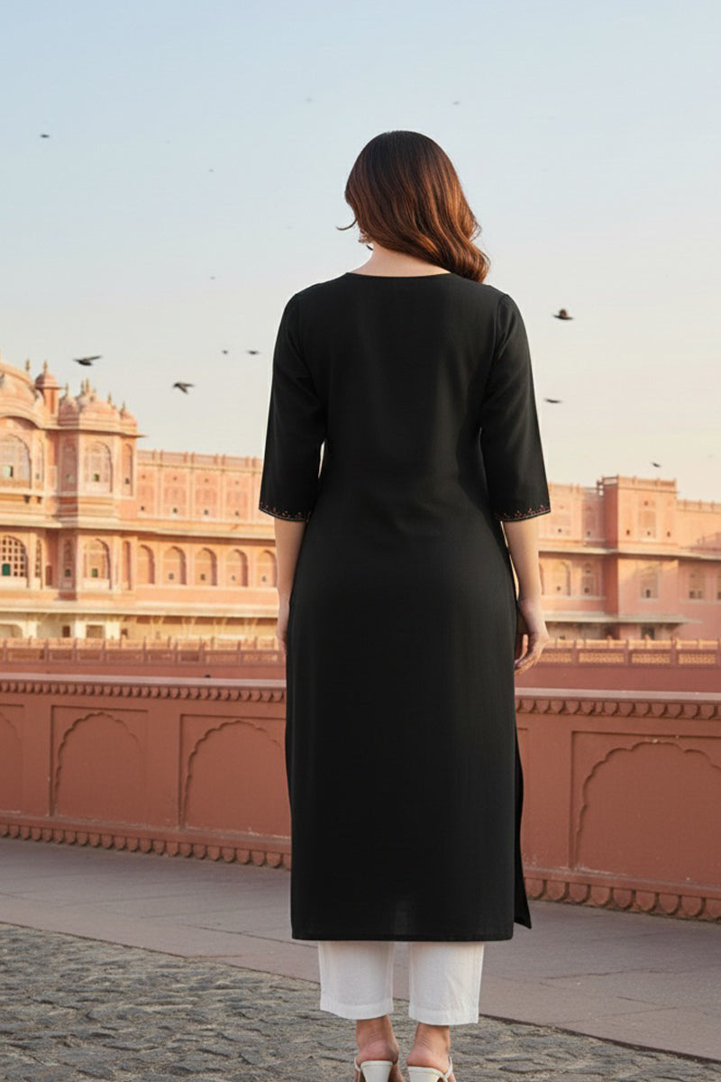 SRS Fashion Black Embroidered Rayon Straight Kurta Set | Grocsy