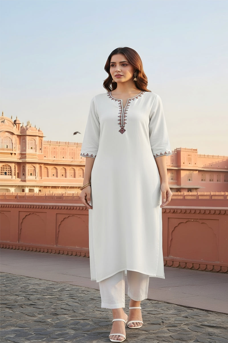 SRS Fashion White Embroidered Rayon Straight Kurta Set | Grocsy