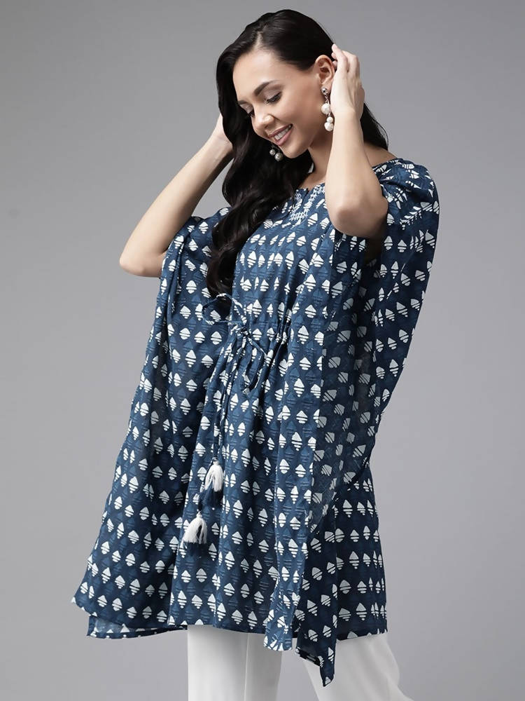 Yufta Women Blue & Offwhite Printed Kaftan Kurta | Grocsy
