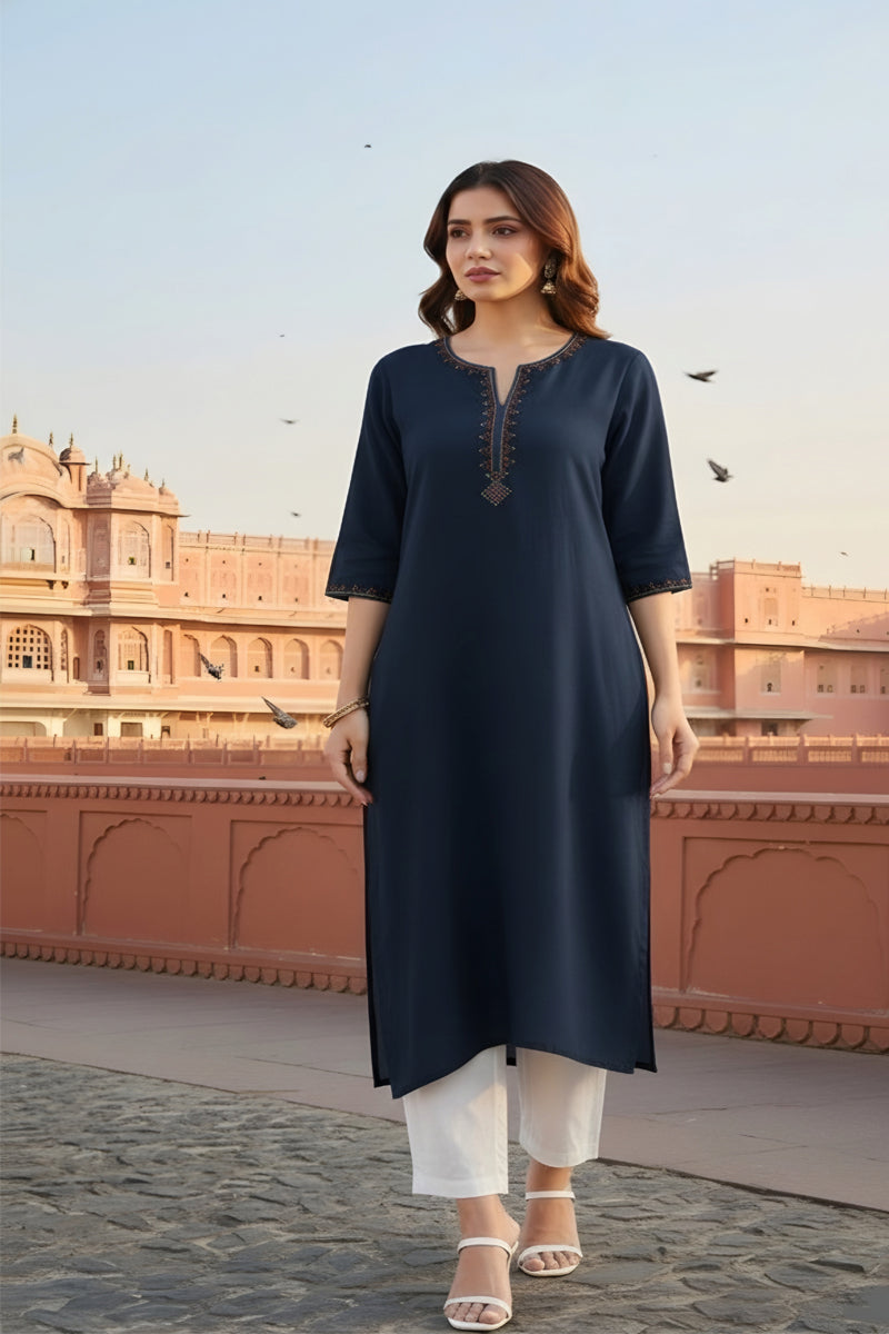 SRS Fashion Blue Embroidered Rayon Straight Kurta Set | Grocsy