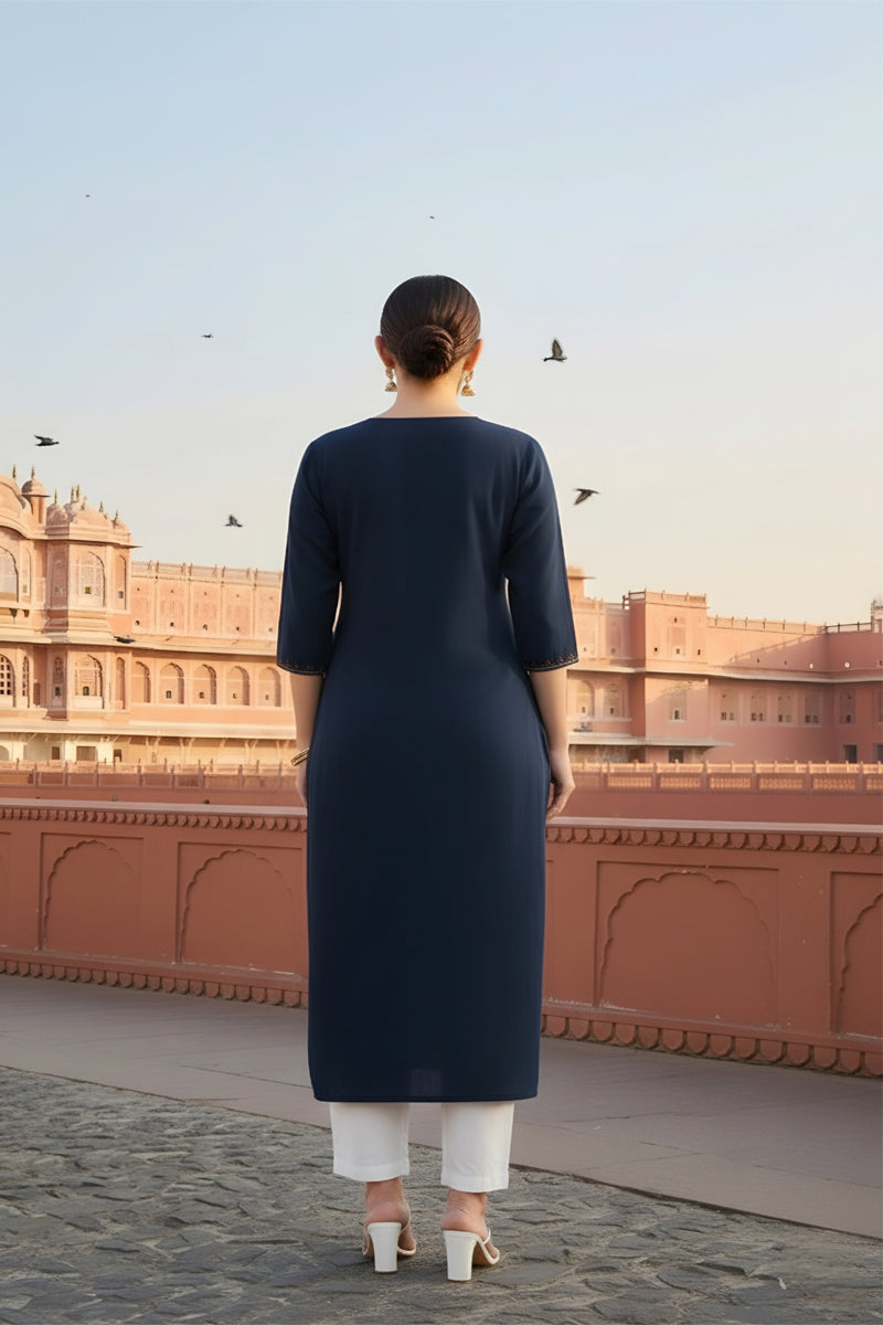 SRS Fashion Blue Embroidered Rayon Straight Kurta Set | Grocsy