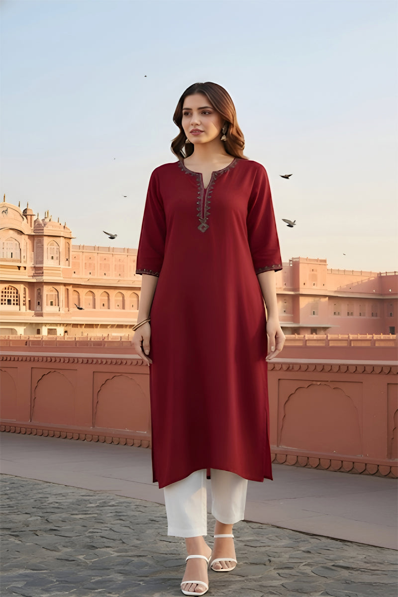 SRS Fashion Red Embroidered Rayon Straight Kurta Set | Grocsy